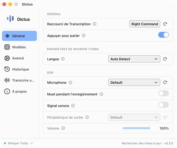 Dictus Desktop sur macOS : réglages généraux, raccourci de dictée et modèle local.